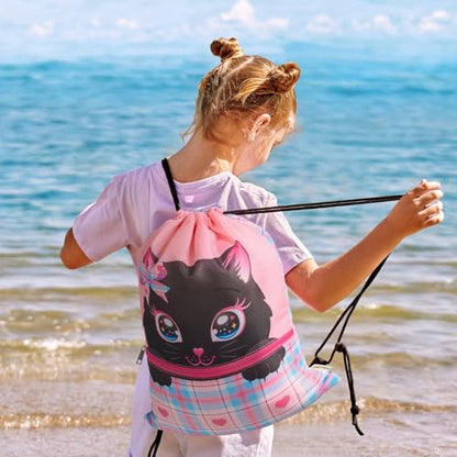 WAWASAM Kids Drawstring Backpack, Gym Swim Bag Cinch Bag for Girls Boys with Zipper Pocket - color: Cat