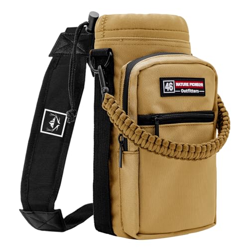 NATURE PIONEOR Water Bottle Holder with Adjustable Strap - 26/32/36/40/46/64oz Insulated Water Bottle Sling Carrier with Paracord Handle & 2 Pockets, Outdoor Sports, Hiking, Camping, Gym - color: Brown, size: 40-46oz