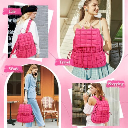 Quilted Puffer Backpack for Women Lightweight Soft Puffy Backpack Purse Casual Daily Drawstring Flap Daypack (Rose Red) - color: Rose Red