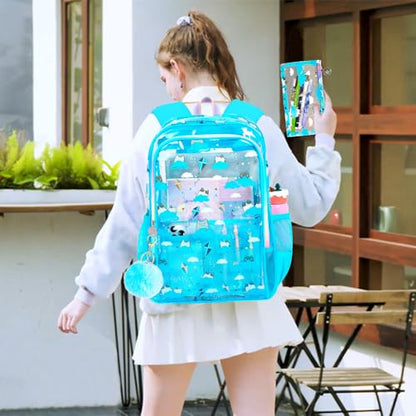 gxtvo 3PCS Clear Backpack Heavy-Duty Set for Women & Teen Girls, 17" Sky Blue Transparent Bookbag with Rainbow Strap, Cute Cloud Cat See Through School Bag - color: Sky Blue Cloud Cat Clear Backpack Set