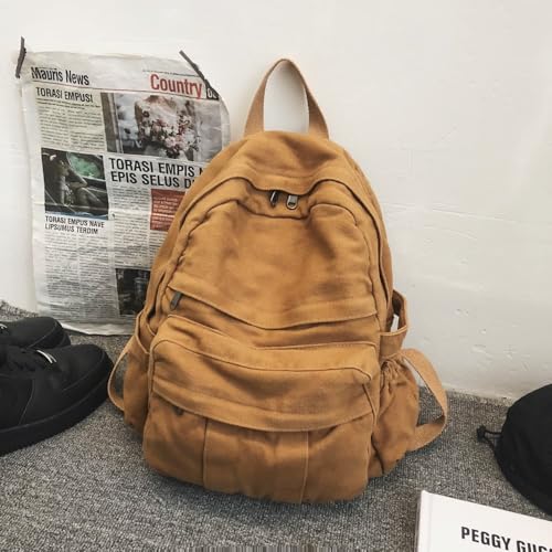 Light Brown Canvas Backpack for Women & Men Retro Aesthetic Rucksack Basic Backpack for High School/College Students Travel Laptop Bag - color: Mustard Yellow