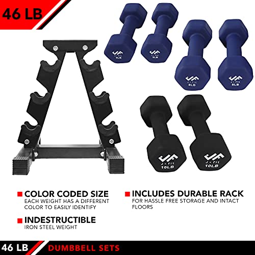 JFIT Dumbbell Pairs or Sets – Neoprene & Vinyl Coated Hand Weights for Home Gym, Strength Training, Aerobics, Cardio Exercise and Fitness - size: 46 lbs (Set), style: Dumbbell Set with Rack