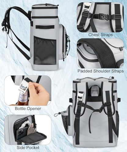 Insulated Cooler Backpack, 35L Leakproof Backpack with Double Compartments for Men & Women, Large Lunch Cooler for Camping, Beach, Travel, Picnic, Up to 48 Cans - color: Gray