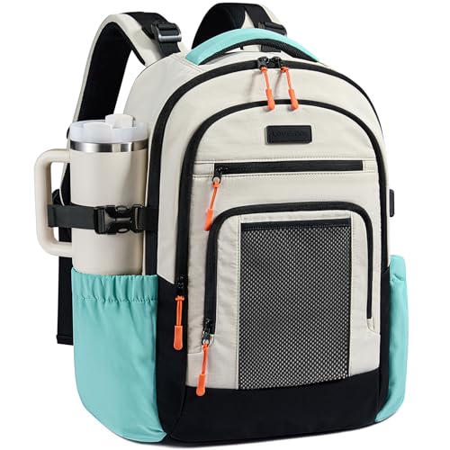 LOVEVOOK Laptop Backpack for Women with Large Cup Holder,15.6 Inch Work Computer Bag with Chest Buckle Back Pad Shoulder Buckle,Waterproof Business Backpack College Teacher Bag for Gift Travel - color: Off White-green-black, size: 15.6 Inch