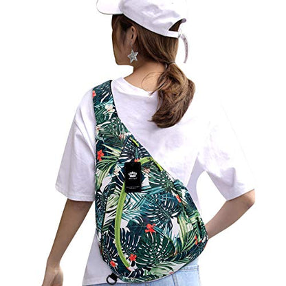 HUA ANGEL Crossbody Sling Bag for Men & Women Lightweight Waterproof Chest Shoulder Bag for Travel Hiking & Everyday Use - color: Green Leaf Print