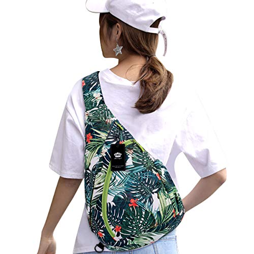 HUA ANGEL Crossbody Sling Bag for Men & Women Lightweight Waterproof Chest Shoulder Bag for Travel Hiking & Everyday Use - color: Green Leaf Print