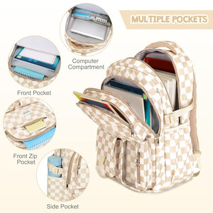 ACESAK Backpack for Girls - Girls Backpack with Lunch Bag & Pencil Pouch for Teen Kids Laptop Backpack for Women, Elementary Middle High School Bookbag Travel Daypack (Brown Checkered) - color: Brown Checkered