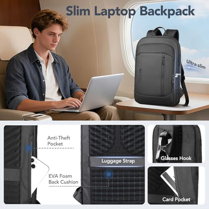 hk Ultra Slim Backpack for 15.6 Inch Laptop,Business Backpack for Men Women | Lightweight Backpacks with USB Charging Port, Anti-Theft Water Resistant Computer Bag for Work Travel Office, Black