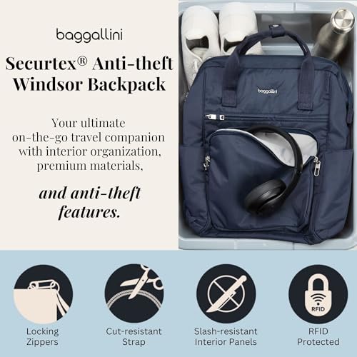 Baggallini Securtex Anti-Theft Windsor Backpack for Travel, Work & College, RFID & Locking Zipper, Up to 16" Laptop - color: French Navy