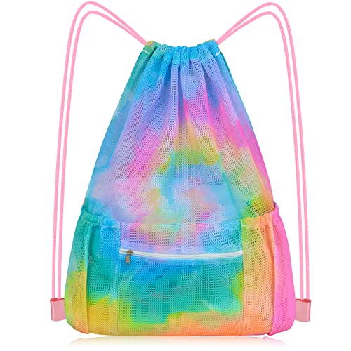 Mesh Drawstring Bag with Zipper Pocket, Gym Storage Bag for Adults, Unisex, Multicolor, Medium Size - color: Tie Dye#2