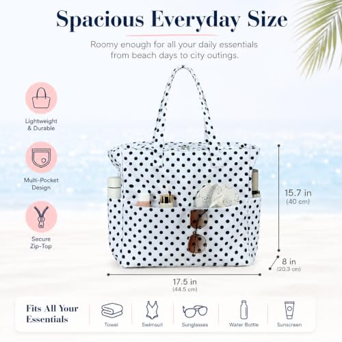 LEDAOU Beach Bag Waterproof Sandproof Women Beach Tote Pool Bag with Zipper for Swim Gym Grocery Travel with Wet Pocket | Sandproof - color: White Polka Dots
