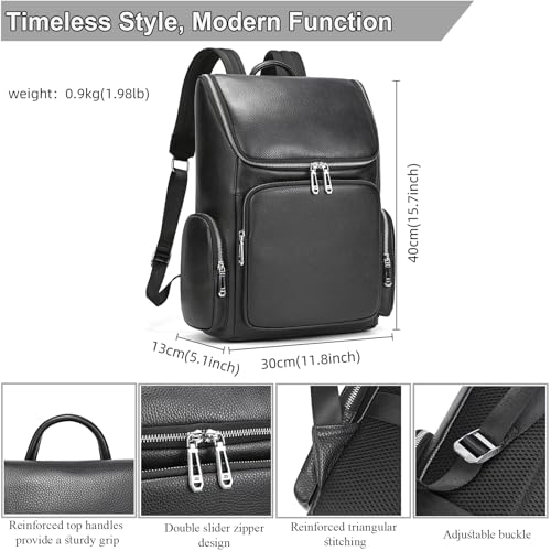 Genuine Leather Black Backpack - 15.6 Inch Business Laptop Backpack for Men & Women, Multi-Compartment Ergonomic Shoulder Bag for Office, Travel - color: Y60&71 Black
