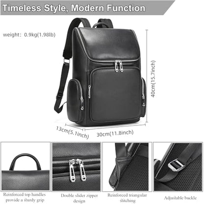 Genuine Leather Black Backpack - 15.6 Inch Business Laptop Backpack for Men & Women, Multi-Compartment Ergonomic Shoulder Bag for Office, Travel - color: Y60&71 Black