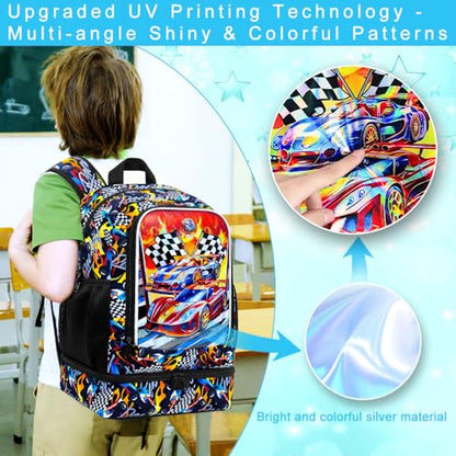 HPJGD 2-in-1 Backpack for Boys, 17" Race Car Preschool Bookbag Set with Built-in Lunch Compartment, Kids Water-Resistant School Bag for Elementary - Thrill Racing - color: Uv Printing Race Car 2-in-1 Backpack