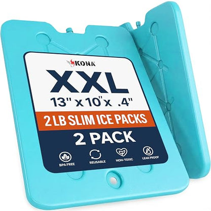 Kona XXL Ice Packs for Coolers – 2 lb Reusable Slim Freezer Packs, Long-Lasting Dry Ice Alternative for Cooler Bags, 13×10 Inch, Fast Freeze (-5 °C), Available in Multiple Pack Quantities