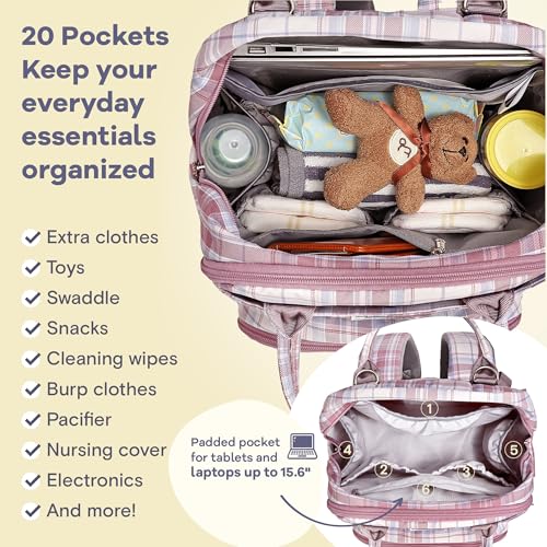 RUVALINO Diaper Bag Backpack, Multifunction Travel Pack Maternity Baby Changing Bags, Large Capacity, Waterproof, Pink Plaid - color: Pink Plaid