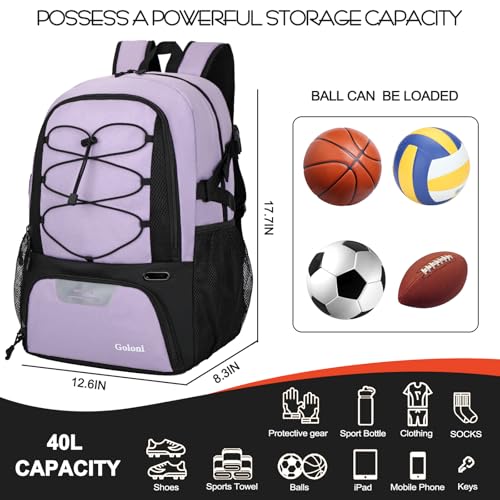 Goloni 40L Basketball Bag,Large Basketball Backpack with Ball Compartment & Shoe Compartment,Backpack for Soccer,Volleyball - color: Light Purple