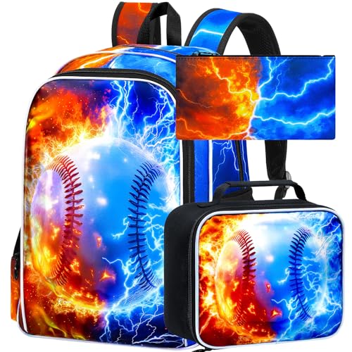 AGSDON 3PCS Baseball Backpack for Boys, 17" Kids Bookbag with Lunch Box for Boy, Flame Thunder Backpacks Water Resistant and Lightweight for Teen - color: Baseball