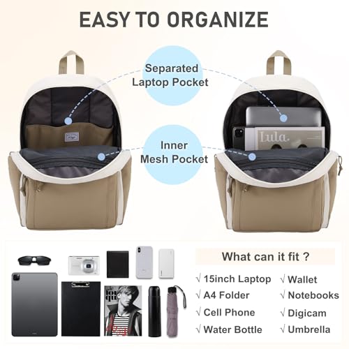 Kasqo School Backpack,Water Resistant Middle High School Bookbag for Teens Girls Boys School Bag Casual Women Men Daypack for Travel College White Khaki - color: White Khaki