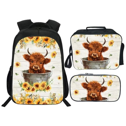 Highland Cow Backpack Sunflower Kids Bookbag 16inch Schoolbag With Lunch Box Bag And Pencil Case Set For Boys Girls - color: Highland Cow