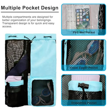Mesh Beach Backpack with Wet Pocket Drawstring Pool Bag Waterproof Swimming Bag Gym Backpack for Men & Women - color: Mint Blue