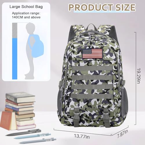Camo Tactical Backpack for Boys - Waterproof 19'' Kids Bookbag with 15.6" Laptop Compartment, MOLLE System School Bag for Camping Hiking Travel - color: Camo Backpack Single Pack 2