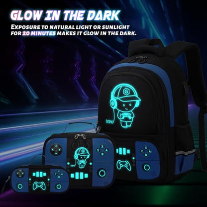Bevalsa Backpack for School Boys,Cool Luminous Gamer Boys Backpacks with Wired Headphones Lunch Box Pencil Case,Kids Schoolbag for Teens Kindergarten Elementary School(Blue Backpack with Headphones) - color: Blue, style: Backpack With Headphones