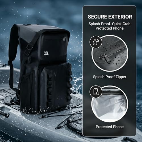 Greencity 100% Waterproof Roll-Top Dry Bag Backpack with Front Splash-Proof Pocket, Lightweight Floating Pack for Kayaking, Hiking & Travel,35L (Black) - color: Black