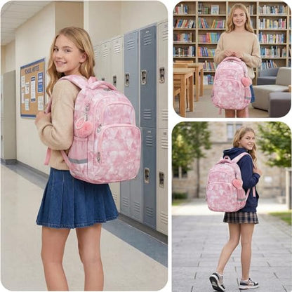 Cusangel Pink Girl School Backpack for Kids 6-12 ages, 16in Cute Bookbag Water Resistant, 7 Pockets, Adjustable Chest Strap, Reflective Strip, Large Bookbag For travel,Gifts,Summer Camps - color: Pink-17in
