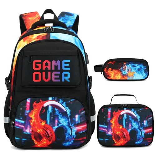 Scothen 3PCS Boys Backpack Set, Cool Backpack for Boys with Lunch Bag & Pencil Case, Kids School Bag Teen Boy Bookbag for Kindergarten Elementary Middle School with USB Charging Port - color: Red & Blue Headphones
