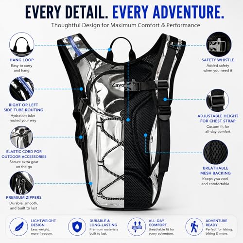 Reflective Hydration Backpack, Hydration Pack - Water Backpack with 2L Hydration Bladder, Essential for Festivals - Rave Hydration Pack for Hiking, Running, Cycling, and Festivals - color: Silver