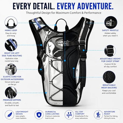 Reflective Hydration Backpack, Hydration Pack - Water Backpack with 2L Hydration Bladder, Essential for Festivals - Rave Hydration Pack for Hiking, Running, Cycling, and Festivals - color: Silver