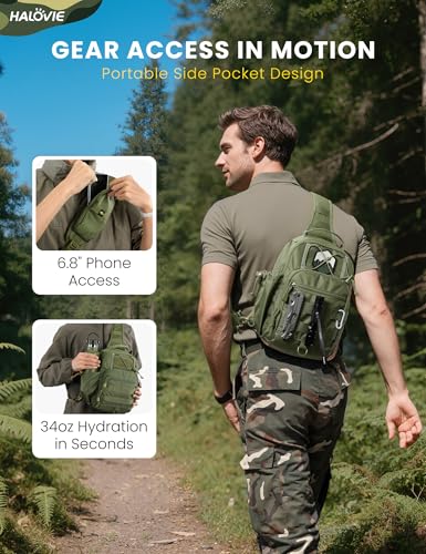 HALOVIE Anti-theft Tactical Sling Bag RFID ArmyGreen Military Shoulder Bag with Phone Pack EDC Molle Crossbody Bag for men - color: Armygreen