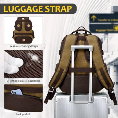 Travel Laptop Backpack 17.3 inch XL Computer Backpack for Men Waxed Canvas College Daypack Business Backpack Brown - color: Brown