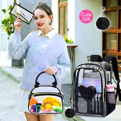 gxtvo 3PCS Clear School Backpack Heavy-Duty Set for Women & Teen Girls, 17" See Through Bookbag with Luxurious Gold Zipper, Black Sequins Transparent Bag - color: Black Sequins Clear Backpack Set