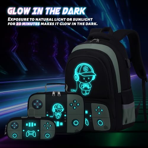 Bevalsa Backpack for School Boys, Cool Luminous Gamer Boys Schoolbag with Lunch Box & Pencil Case Set for Kids Teens Elementary Middle School, Bookbag Glow In The Dark(Green Backpack) - color: Green, style: Backpack