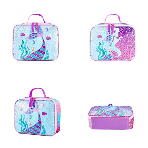 Reversible Sequin School Backpack Lightweight Little Kid Book Bag with Lunch Bag Set for Preschool Kindergarten Elementary(17", Mermaid with Lunch Bag) - size: 17"