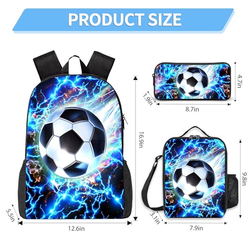 3PCS Boys Backpack, Kids Back To School Backpack with Lunch Box Pencil Case Set, Cool Soccer Backpack for Boys Teens, 17" Schoolbag Bookbag for Elementary Middle High School Students - color: Light Soccer