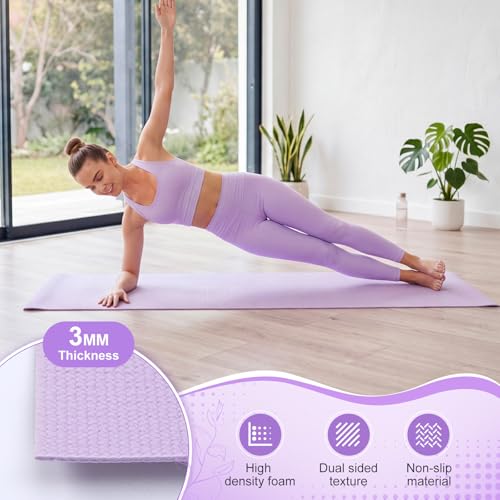 3 mm Thick Yoga Mat Bulk, Non Slip Exercise Workout Fitness Pad for Women Men, Gym Home Yoga Pilates, Easy to Clean, Sturdy PVC - color: Violet Haze