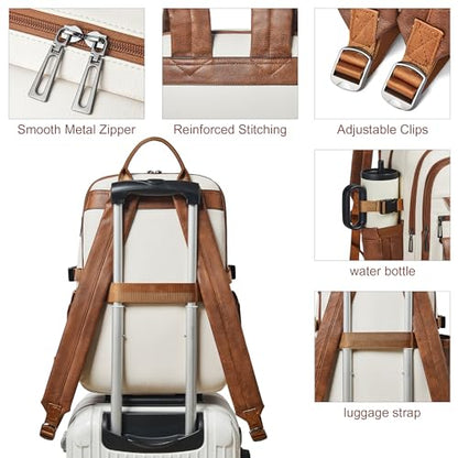 Vegan Leather Backpack, TSA Travel Backpack for Men and Women, Fits 17.0 Inch Notebook with Luggage Strap and USB Port, Beige - color: Beige
