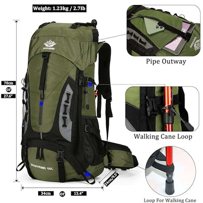 60L Travel Hiking Camping Backpack with Rain Cover,Backpack Water Resistant,Climbing Backpack for Men Women (DEEP GREEN) - color: Deep Green