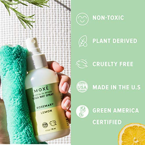 MOXE Yoga Mat Cleaner Spray, Rosemary & Lemon Essential Oil, Safe for All Mats & Exercise Equipment, Odor & Sweat Protection, Includes Microfiber Cleaning Towel, Green America Certified, 4 Oz (2 Pack) - size: 4 Fl Oz (Pack of 2)