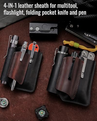 VIPERAED PJ38 Leather Multitool Sheath for Men, 4-in-1 Utility Leather Holster, EDC Pocket Organizer for Pocket Knife Multitool Flashlight and Pen - size: Medium