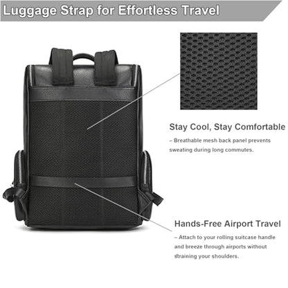 Genuine Leather Black Backpack - 15.6 Inch Business Laptop Backpack for Men & Women, Multi-Compartment Ergonomic Shoulder Bag for Office, Travel - color: Y60&71 Black