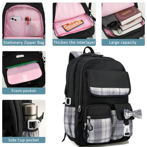 MCWTH Checkered Backpack for Teen Girls, Kawaii Cute Kids Elementary Student School Backpacks (Bow Black) - color: Checkered Black
