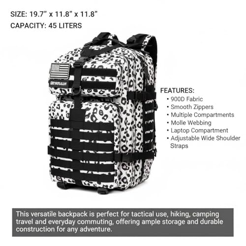 45L Military Tactical Backpack for Men & Women Bug Out Bag Assault pack Molle Daypack Hiking Trekking Rucksack (Leopard print) - color: Leopard Print
