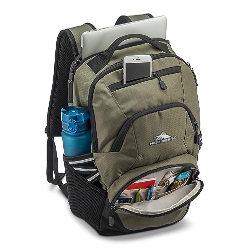 High Sierra Swoop Backpack, Lightweight Bookbag, Large Main Compartment + External Accessory Pockets, Separate Laptop Pocket, Dual Water Bottle Pockets, Fits most 17” Laptops, 30L Capacity, Olive - color: Olive