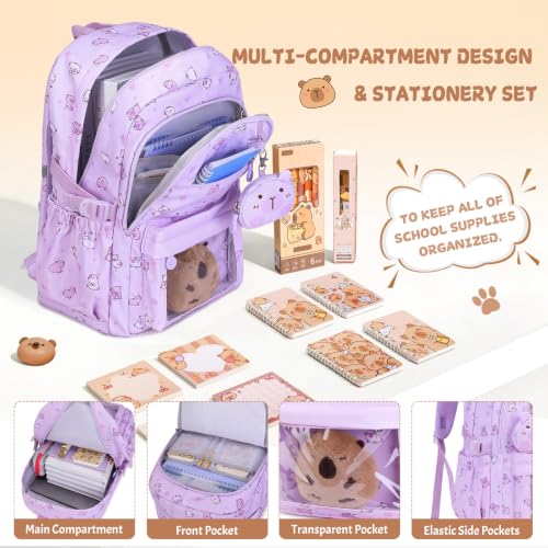 Capybara Theme Backpack for School Girls, 35PCS Kids Backpack Set with School Supplies Stationery Kit Lunch Box Pencil Case, Cute Girls Bookbag for Kindergarten Elementary Student - color: Purple