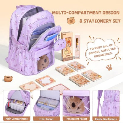 Capybara Theme Backpack for School Girls, 35PCS Kids Backpack Set with School Supplies Stationery Kit Lunch Box Pencil Case, Cute Girls Bookbag for Kindergarten Elementary Student - color: Purple