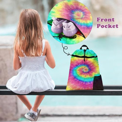 Tie Dye Drawstring Backpack, 15” x 17” Waterproof Swim Bag for Beach Swimming Pool, Lightweight Foldable Gym Bag with Water Bottle Holder for Sports Travel - color: Tie Dye